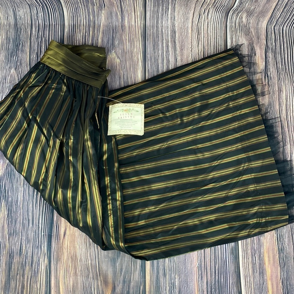 NWT Susan Bristol Pleated Metallic Olive Green & Black Stripped Tulle Skirt- 6